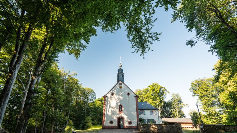 Schankweiler Klause surrounded by trees under a clear sky.