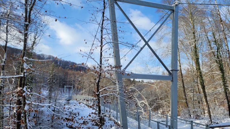 Eine schneebedeckte Landschaft mit einer modernen Brücke und klar blauem Himmel. Die Bäume sind mit Schnee bedeckt, was eine ruhige Winteratmosphäre schafft.