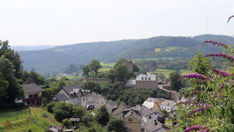Un paysage rural tranquille avec de petites maisons et des collines. Au premier plan, des plantes fleurissent, tandis que les douces montagnes sont visibles en arrière-plan.