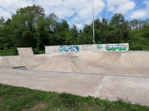 A skatepark with various concrete ramps. In the background, trees and graffiti walls can be seen.