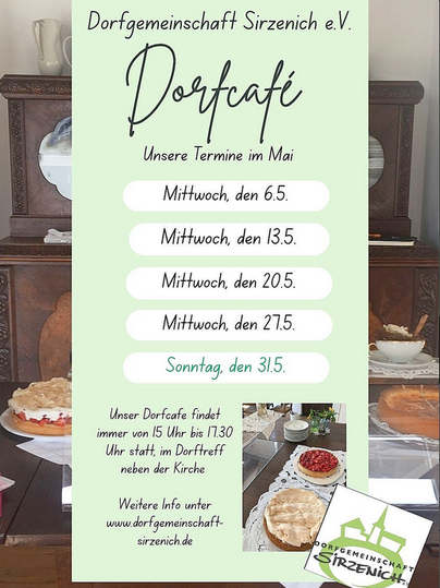Een flyer voor het dorfcafé van de dorpsgemeenschap Sirzenich e.V. toont data in oktober. Hij kondigt wekelijkse bijeenkomsten en een korte pauze tijdens de herfstvakantie aan.