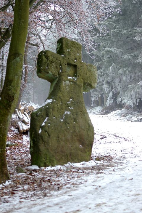 Ein alter Stein mit Kreuzform steht am Rand eines schneebedeckten Weges. Umgeben von Bäumen und einer ruhigen, winterlichen Landschaft.