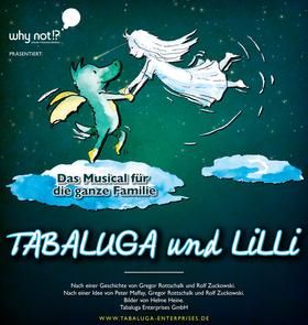 Ein fröhlicher Drache und ein Engel fliegen durch den Himmel. Das Bild bewirbt das Familienmusical "TABALUGA und LILLI".