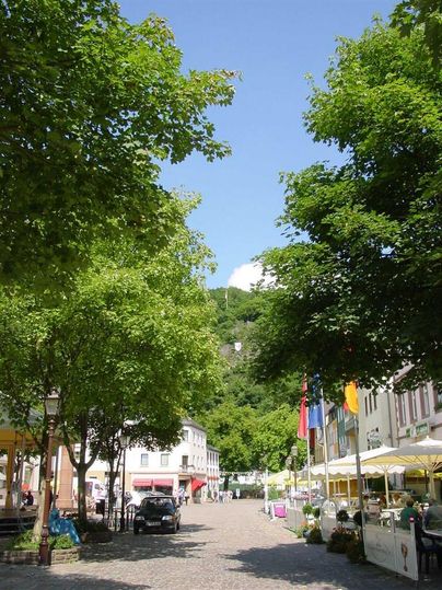 A picturesque street with green trees and colorful buildings. In the background, a hill with a small castle is visible.