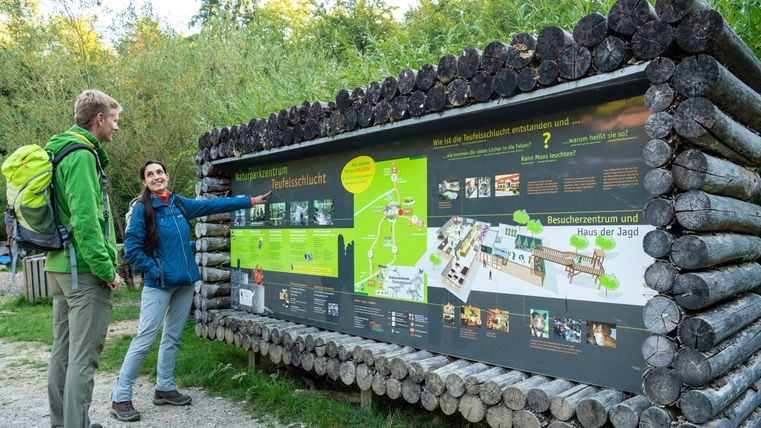Een informatieve schild in de buitenlucht toont een overzicht van het natuurwoud. Twee personen bekijken en bespreken de inhoud van het schild.