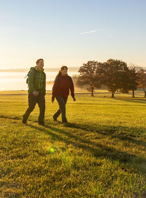 Un couple se promène dans un champ verdoyant au lever du soleil. À l'arrière-plan, on aperçoit des arbres et un paysage brumeux.