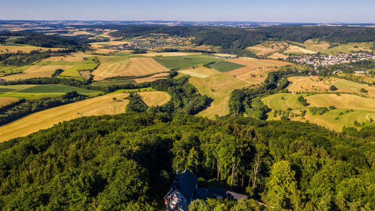 Aerial view of the Schankweiler Klause and surrounding landscape in the NaturWanderPark delux.