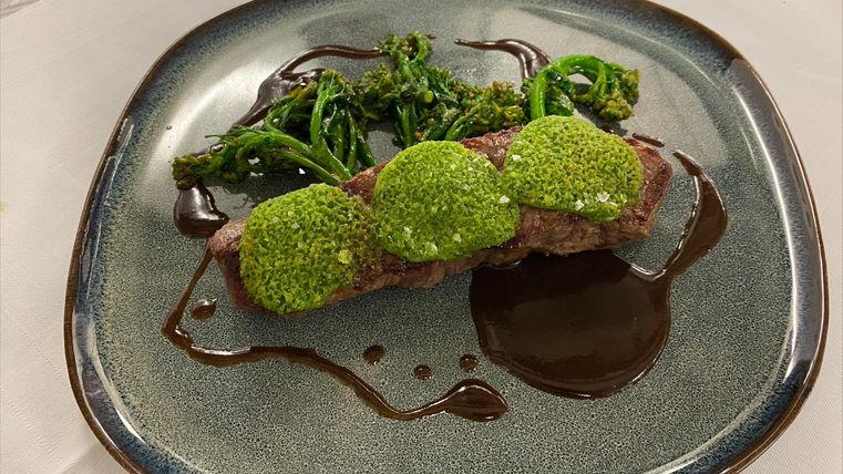 A piece of meat with green pesto and a side of broccoli on an elegant plate. A dark sauce runs across the plate.