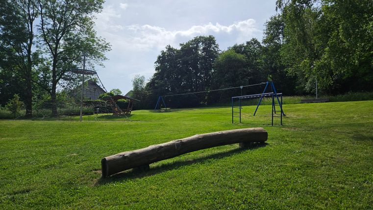 Een mooie speeltuin met groen gras en schommels. Op de achtergrond zijn bomen en een speeltoestel te zien.