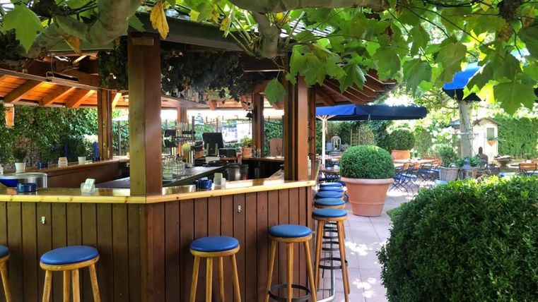 A cozy outdoor bar with a wooden counter and blue stools. Green foliage and sun umbrellas create an inviting atmosphere.