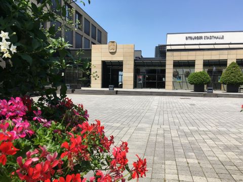 Ein modernes Gebäude mit einer Glasfassade und einem Eingangsbereich. Im Vordergrund blühen bunte Blumen und die Umgebung ist sonnig.