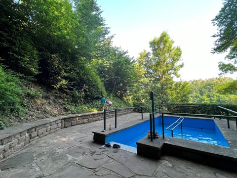 Une piscine bleue entourée de végétation verte et d’arbres. Une personne se tient près de la piscine sur un chemin en pierre.
