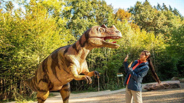 Eine Person steht vor einem großen Dinosaurier-Modell im Wald. Die Sonne scheint und die Umgebung ist grün und natürlich.