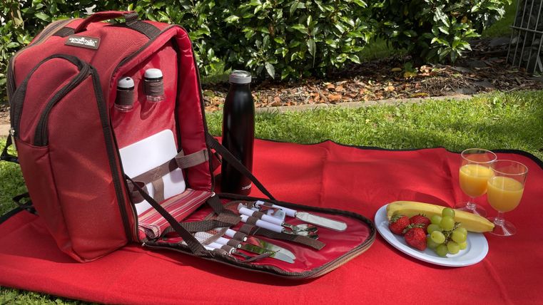 Ein roter Picknickrucksack steht auf einer Decke im Grünen. Darin sind Besteck, Flaschen und ein Bereich mit frischem Obst und Getränken.