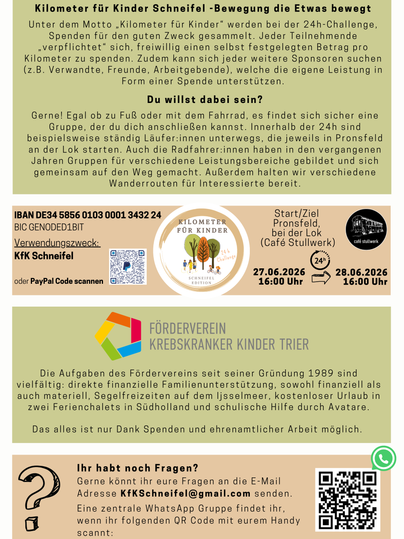 Ein Informationsblatt über die Veranstaltung "Kilometer für Kinder Schnaifelf" zur Förderung von krebskranken Kindern. Es enthält Details zu Spendenmöglichkeiten und kommenden Events.