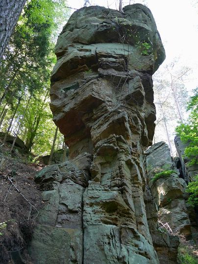 Ein großer, hoch aufragender Felsen umgeben von Bäumen. Die Felsformation zeigt interessante Strukturen und Farben.
