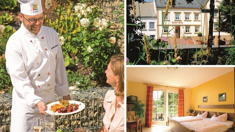 Un chef sert un plat délicieux dans le jardin. En arrière-plan, on aperçoit un bel hôtel et une chambre moderne et accueillante.