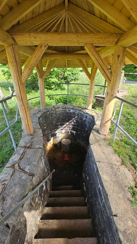 Eine steinerne Treppe führt hinunter in einen Brunnen, der von einem Holzüberbau umgeben ist. Im Hintergrund sind grüne Wiesen und Bäume zu sehen.