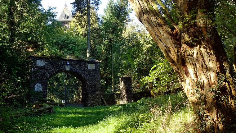 Stone arch in the forest with a tower in the background, surrounded by trees.