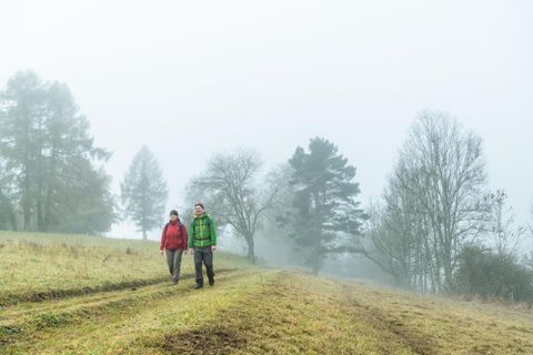 Deux personnes se promènent dans un paysage brumeux. À l'arrière-plan, on aperçoit des arbres et un champ paisible.