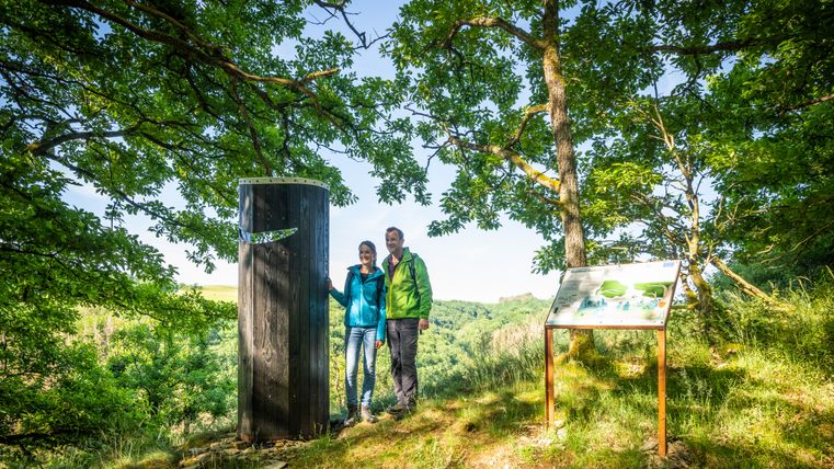 Zwei Personen stehen neben einer Holzsäule im Wald mit Infotafel.