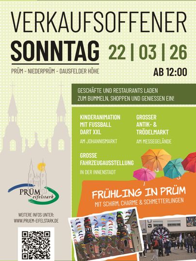 Ein Werbeplakat für einen verkaufsoffenen Sonntag in Prüm. Es zeigt verschiedene Aktivitäten, die ab 12:00 Uhr stattfinden, darunter Kinderanimation und einen Fahrzeugmarkt.