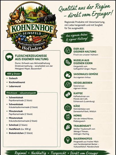 <p>Eine Übersicht über regionale Produkte aus dem Kohnenhof in Seinsfeld.