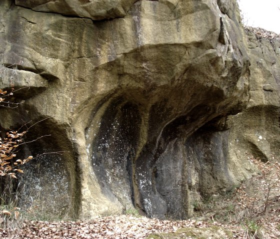 Formation rocheuse avec des structures &eacute;rod&eacute;es dans les carri&egrave;res de meules historiques du plateau de Ferschweiler, entour&eacute;e de feuillage et de v&eacute;g&eacute;tation., &copy; Felsenland S&uuml;deifel Tourismus GmbH