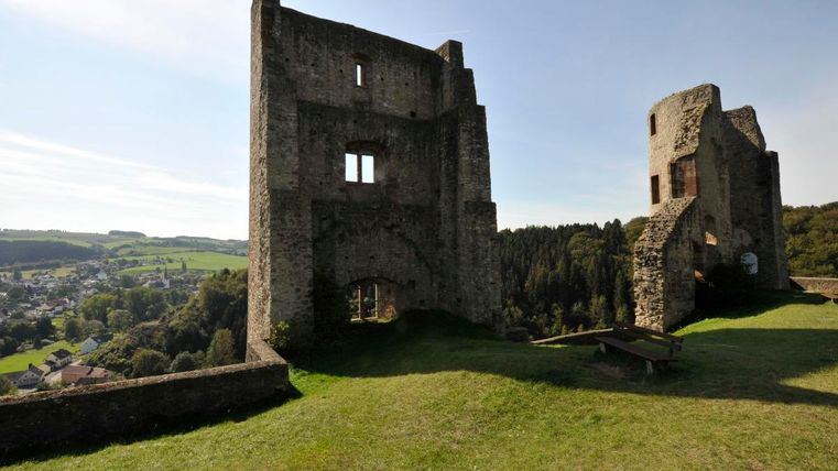 Une vieille ruine de château se dresse sur une prairie surplombant la vallée. À l'arrière-plan, on voit des collines verdoyantes et un ciel dégagé.