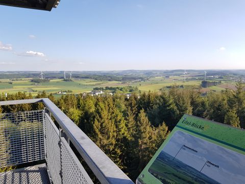 Eine Aussicht von einem Aussichtsturm auf eine weitläufige grüne Landschaft. Im Vordergrund ist ein Informationsschild zu sehen.