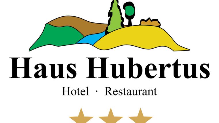 A logo of "Haus Hubertus" featuring a stylized landscape. It displays the inscriptions "Hotel · Restaurant" and three stars.