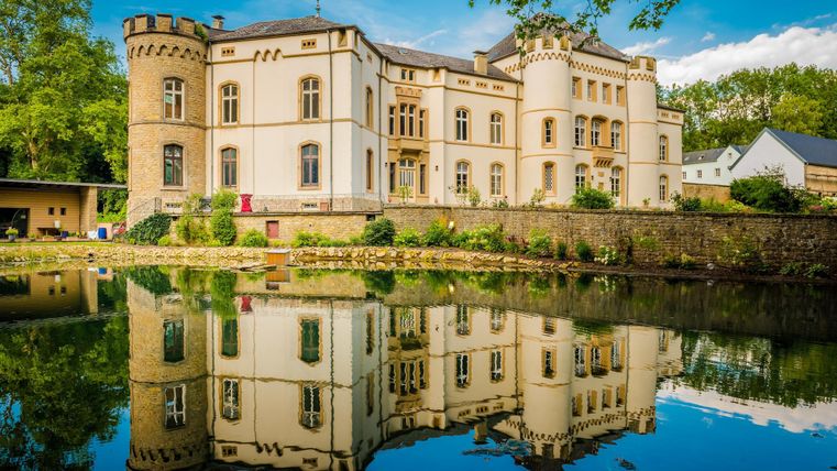 Ein majestätisches Schloss mit einem schönen Park und einem ruhigen Teich. Die reflektierende Wasseroberfläche verstärkt die malerische Aussicht.