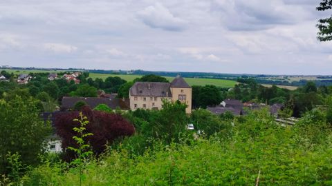 Eine malerische Landschaft mit einem kleinen Dorf und einer alten Burg. Im Hintergrund sind grüne Felder und ein bewölkter Himmel zu sehen.