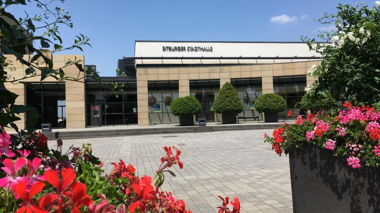 Een modern gebouw met grote ramen en een heldere blauwe lucht. Op de voorgrond bloeien kleurrijke bloemen in potten.