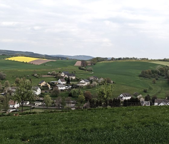 Des champs verts et un champ de colza jaune entourent un petit village &agrave; H&uuml;tterscheid. Un promeneur et son chien sont visibles au premier plan., &copy; A. Girards