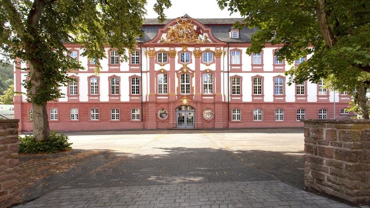 Un grand bâtiment historique avec une façade rouge et des fenêtres blanches. Des arbres encadrent l'entrée et ajoutent une touche de verdure à la scène.