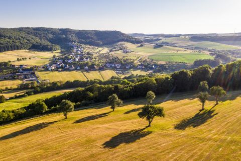 Een schilderachtig landschap met zachte heuvels en uitgestrekte velden. Op de achtergrond is een klein dorp en bossen te zien.
