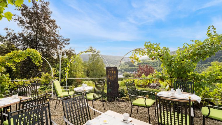 Notre terrasse rose accueillante avec des chaises et des tables vertes, entourée de vignes et de plantes. En arrière-plan, un paysage pittoresque s'étend sous un ciel clair.