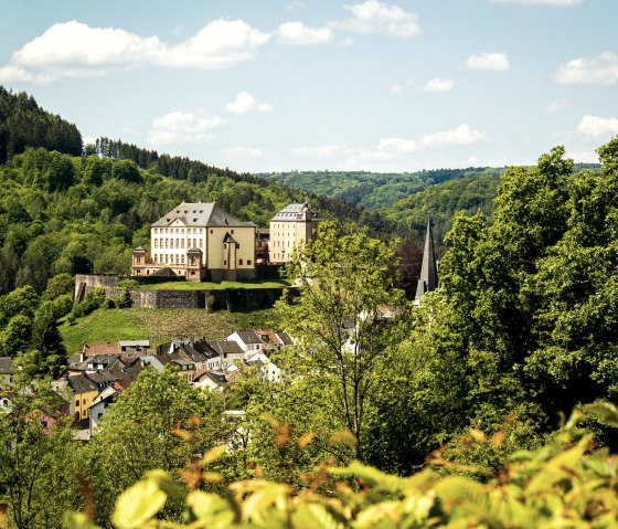 Kasteel Malberg torent majestueus uit boven een dorp, omringd door weelderige bossen en heuvels onder een blauwe hemel met witte wolken., &copy; Tourist-Information Bitburger Land_Monika Mayer