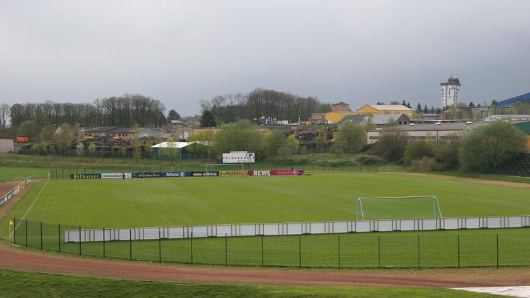A soccer field with well-maintained grass and two goals. In the background, trees and buildings are visible.