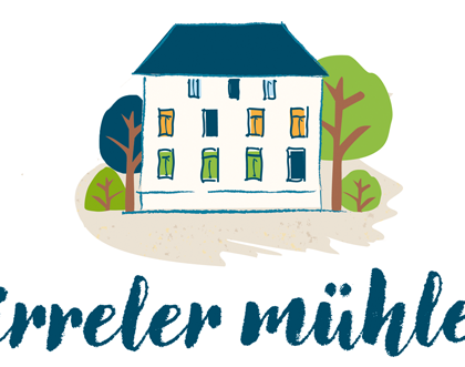 Une image simple et stylisée d'une maison avec des fenêtres colorées et des arbres. En dessous se trouve l'inscription "irrelere mühle".