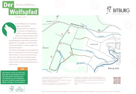 Informatiebord voor het wolvenpad in het gemeentebos van Bitburg. Toont een kaart van het 4,1 km lange rondlopende pad en informatie over het bos en het pad., &copy; Forstrevier Bitburg