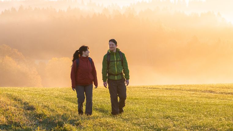 Ein Paar wandert auf einem grünen Feld bei Sonnenaufgang. Die Umgebung ist von sanften Nebelschwaden umgeben und strahlt eine ruhige Atmosphäre aus.