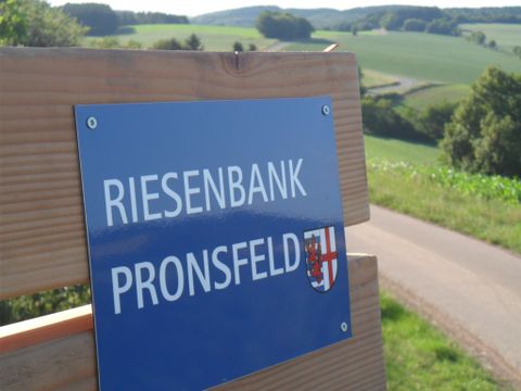 A view from a lookout tower over a vast green landscape. In the foreground, an information sign is visible.