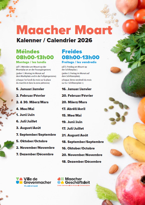 Ein Kalender für den Maacher Moart mit den Öffnungszeiten für montags und freitags. Die Liste zeigt die Daten von Januar bis Dezember 2026.