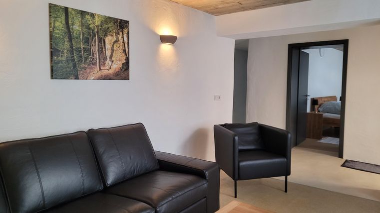 A modern living room with a black sofa and a black armchair. A picture of a forest hangs on the wall.