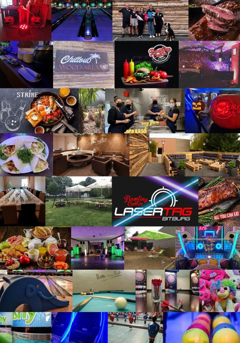 De afbeelding toont een collage van verschillende vrijetijdsbestedingen zoals bowlen, laser-tag en restaurants. Er zijn voedsel, dranken en kleurrijke entertainmentgebieden te zien.