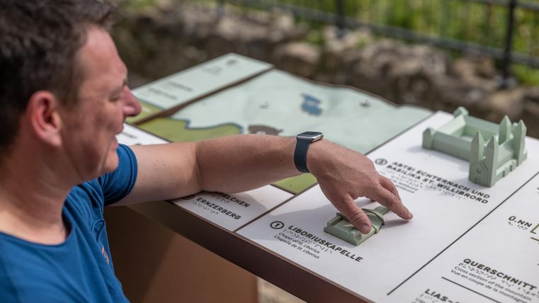 Ein Mann interagiert mit einem Modell und Informationen an einem Tisch. Im Hintergrund sind grüne Landschaften zu sehen.