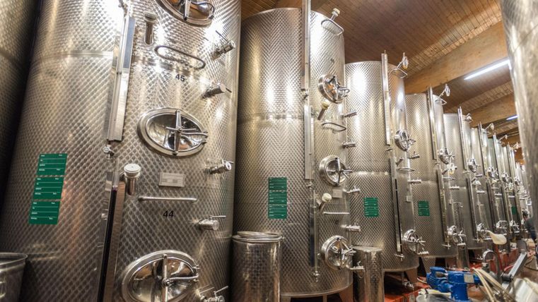 Large stainless steel tanks in a wine cellar. The tanks are lined up and ready for wine production.