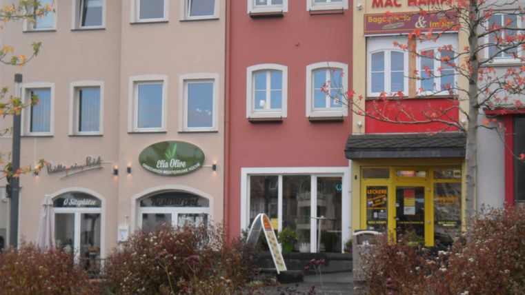 A row of buildings in a city with various shops. In the foreground, colorful bushes can be seen.